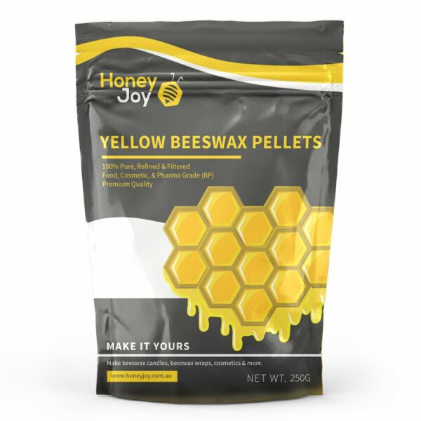Yellow beeswax pellets front label